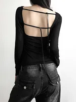 Femmes automne à manches longues Slash cou culture hauts élastique Sexy mince dos nu T-Shirts femme nouvelle mode à lacets haut rigide T-Shirts 6
