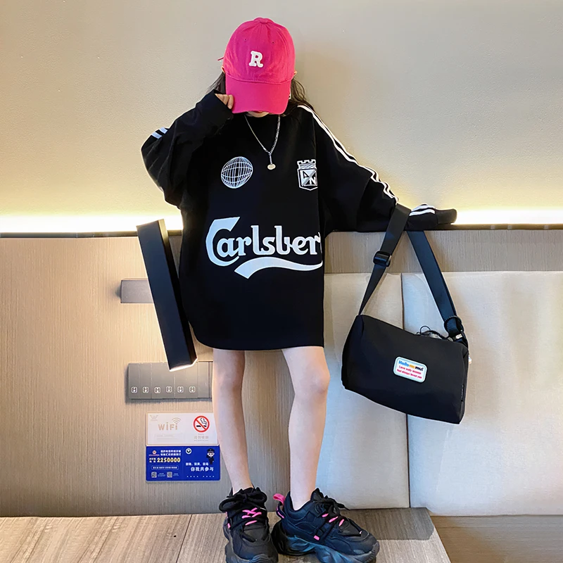 

Демисезонная спортивная рубашка для девочек, детская одежда для активного отдыха, детские пуловеры, топы, Детская уличная одежда, повседневная полосатая одежда с буквенным принтом