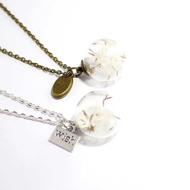 Round Orb Dandelion Dried Flower Pendant Necklace Charm Natural Dandelion Glass Ball Transparent Lucky Wish Glass Vial Jewelry