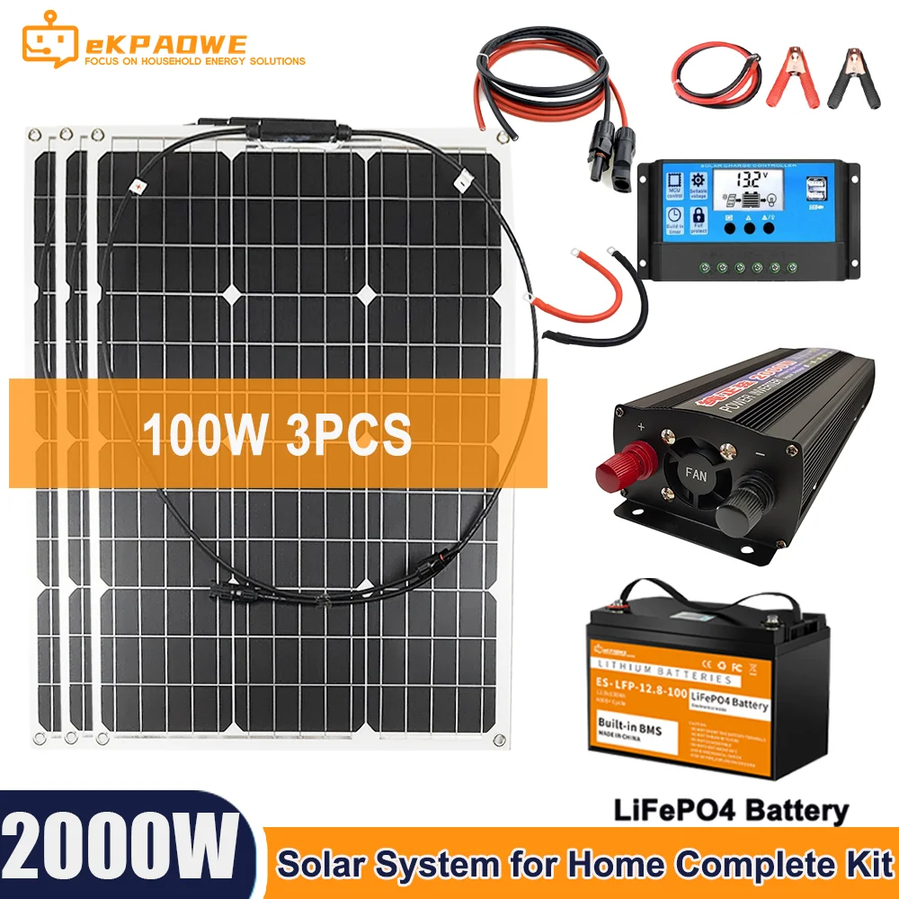 China Factory 2000W Solar System For Home Complete Kitl 30A Charge Controller Inverter Power Generator 100Ah Lifepo4 Battery