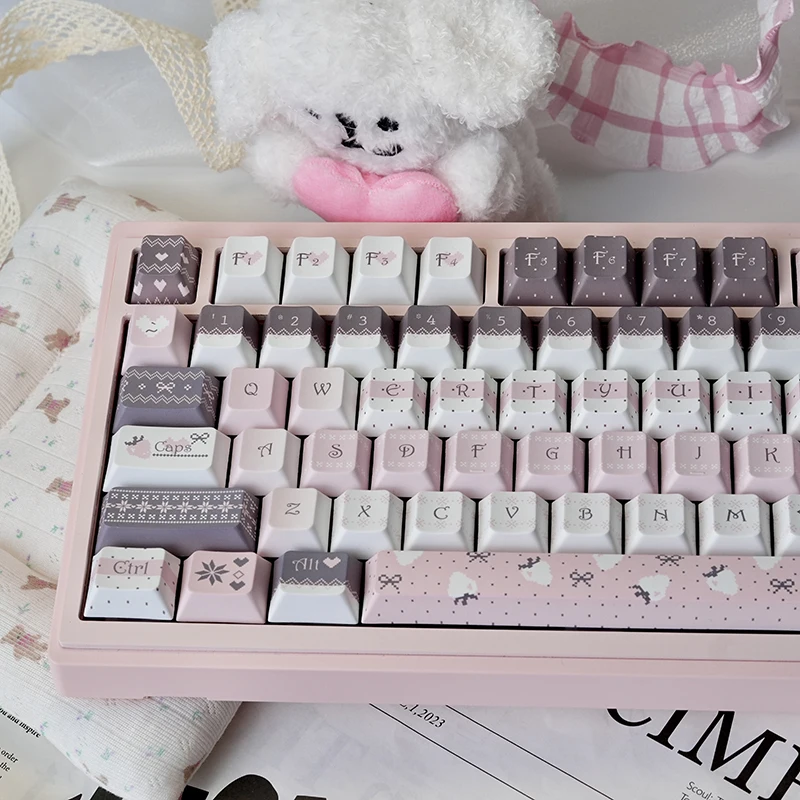Kawaii Pink Strawberry Bunny Pastel Cherry Profile Keycaps (129 Keys)