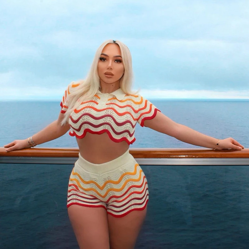 Women Wave Print 2 Piece Set Colorful Knit Stretch Thin Button Crop Tops+Shorts Matching Tracksuit Streetwear Outfits 3