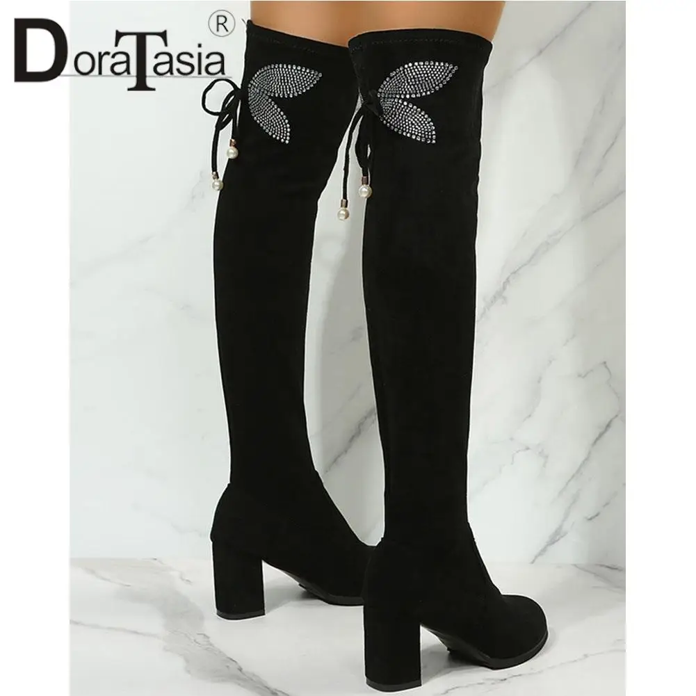 Brand New Ladies Solid Thigh High Boots Fashion Butterfly Tassel Thick High Heels women's Boots Party Office Sexy Woman Shoes