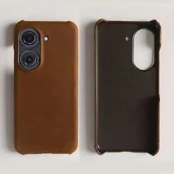 Handcrafted Genuine Leather Crazy Horse Pattern Phone Case - Real Cowhide Cover Housing Coque Back Shell - Asus Zenfone 9 (Red Brown 3803)