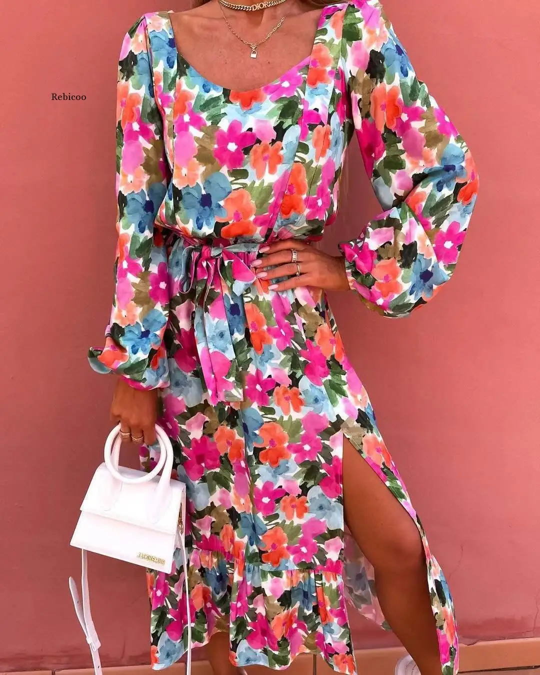 

Outdoor Women Floral Dress with Round Neck and Long Sleeve Printed Waist Slit Dress in Spring and Summer Elegant Temperament