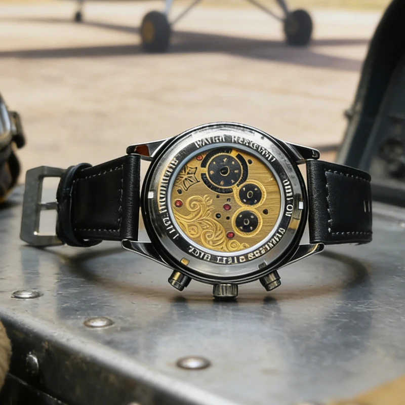 Sports Men's Automatic Mechanical Watch with Skeleton Design, Round Dial, Moon Phase Sub-Dial, Luminous Leather Strap, Waterproof, Fashionable Business Casual Men's Watch, Suitable for Travel and Dail - 2
