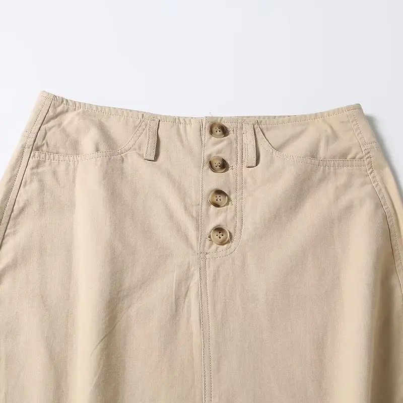 Dave&Di Autumn British Fashion Ladies Midi Skirt Retro Single Breasted Casual Khaki High Waist Straight Skirt Women