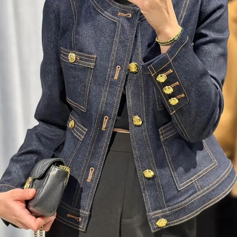 [ NERDY ]★25SS★韓国人気★WOMEN'S DENIM TWEED JACKET Spring New Denim Jacket Vintage Women's O-Neck Single