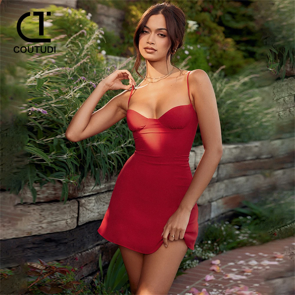 

COUTUDI 2024 Mini Dress For Women Sleeveless Dresses Straps Red Dress A-Line Short Dress Sexy Outfits Streetwear Gown Vestidos