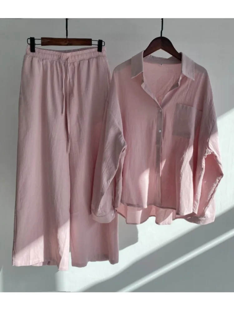 Cotton And Linen Solid Color Pant Sets Women Single-breasted Shirts And Drawstring Loose Wide Legs Trousers Two Piece Set Casual