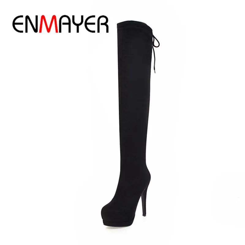 

ENMAYER Women Flock Over The Knee Boots Basic Boots Winter Round Toe Thin Heels Lace Up Platform Shoes Thigh High Boots CR1007
