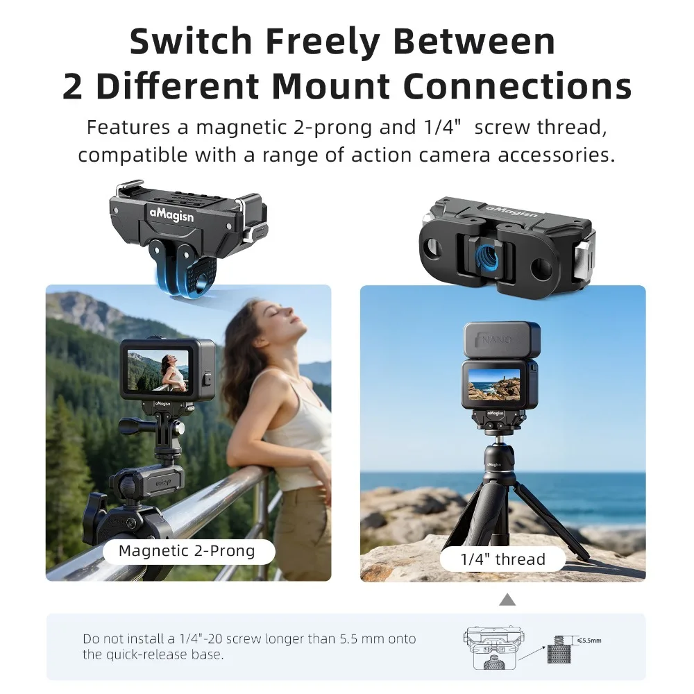 아마기스앤 360 ° DJI 오즈모 액션 6 / 나노용 병렬 회전식 금속 자석 마운트, 안정적인 촬영 카메라 액세서리