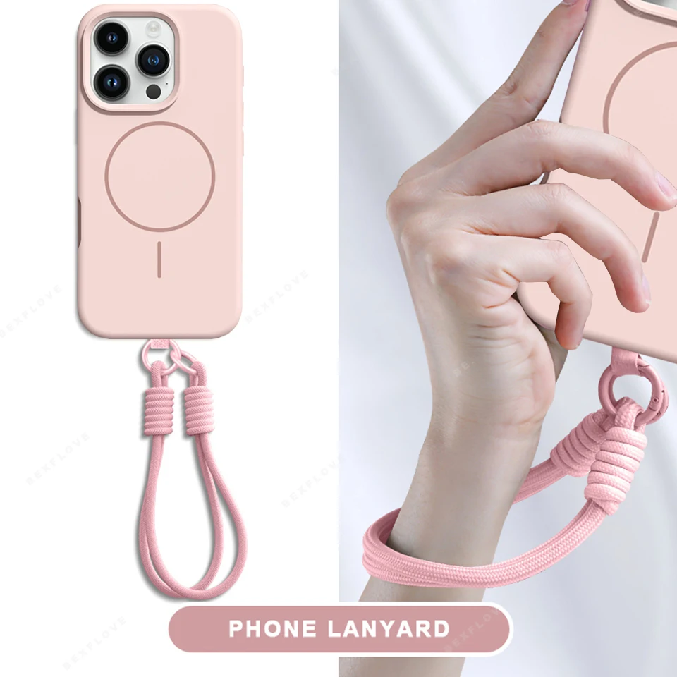 New Magnetic Lanyard Phone Case For iPhone 15 14 16 Plus 11 12 13 16 Pro Max Magsafe Liquid Silicone Strap Protector Soft Cover 3