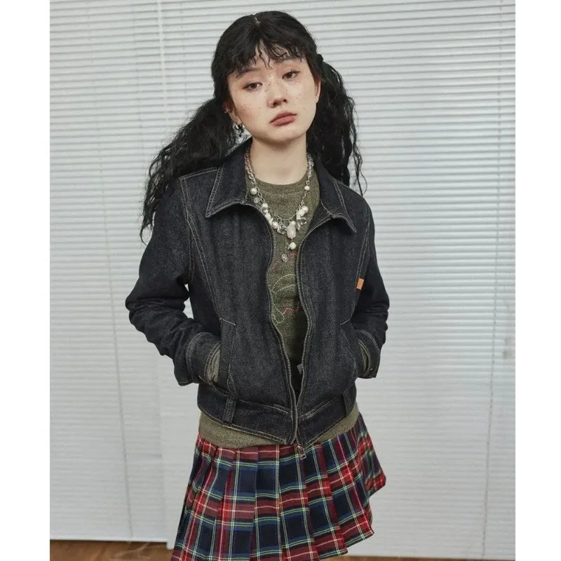 Deeptown Vintage Short Denim Jacket Women Grunge Y2k Streetwear Japanese 2000s Style Cropped  Jean Jackets Cyber Zipper Outwear