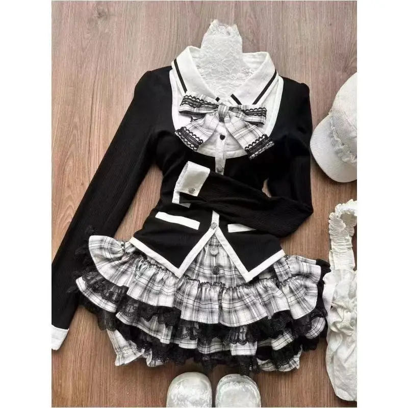 Japanese Vintage-Inspired Retro Lace Camisole Dress and Black Cardigan Set - Chic & Elegant Fashion