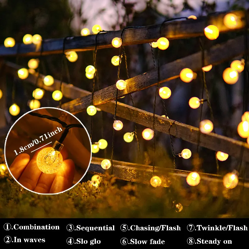 Solar String Lights Outdoor LED Solar Bubble Ball Light 8 Modes Waterproof Lamp For Garden Party Decor Holiday Lighting