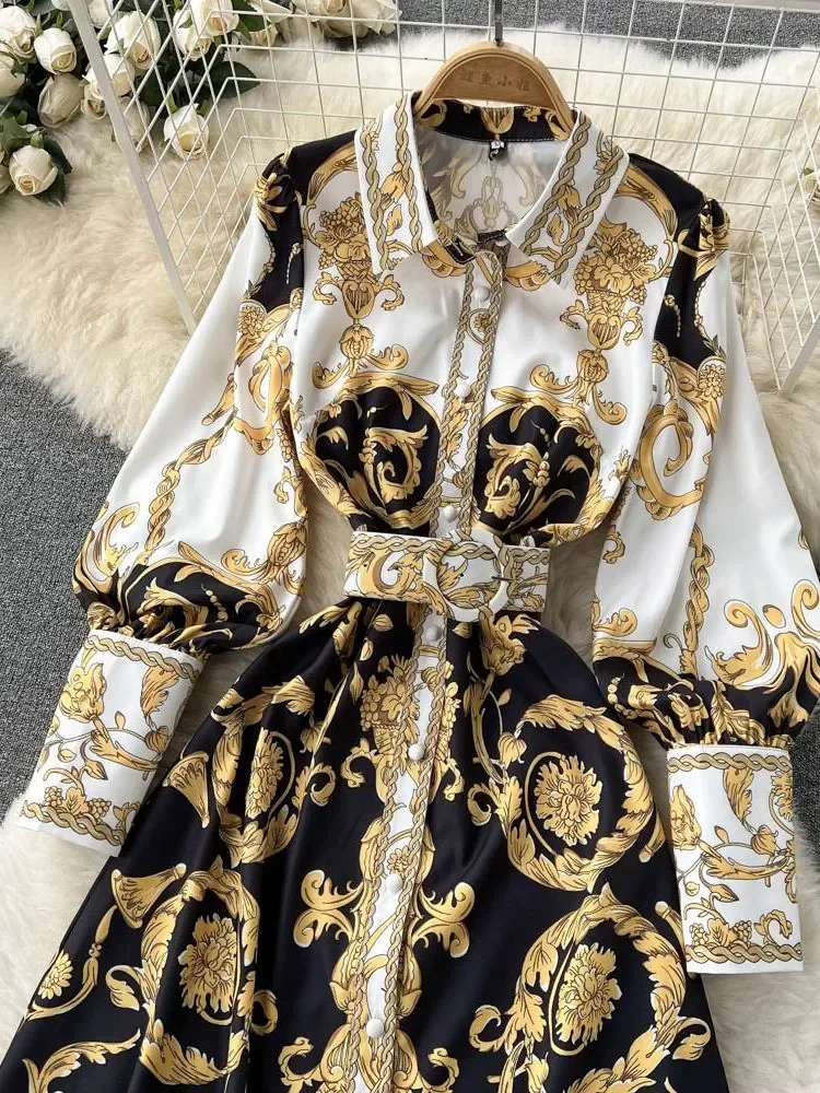 

New Fashion Runway Baroque Maxi Dress Women Long Lantern Sleeve Buttons Down Golden Flower Print Elegant Belt Party Vestidos