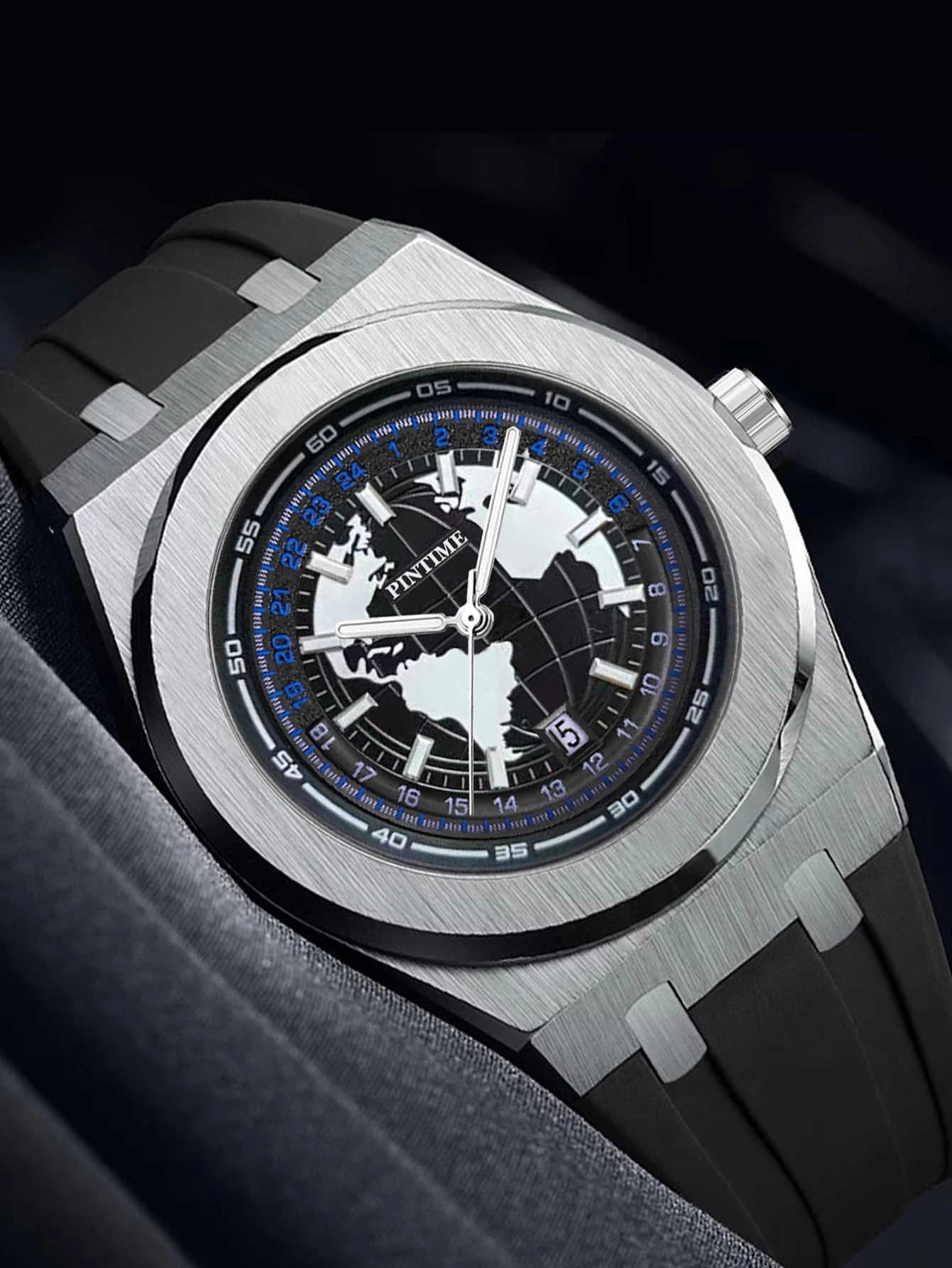 Men's quartz watch, earth-themed large dial, water-resistant and luminous for both day and night use, silicone strap, stylish an - 5