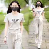 Ensemble deux pièces décontracté pour femme, col rond, manches courtes, pantalon droit, polyvalent, rajeunissant, sport, été, nouveau, 2024 1