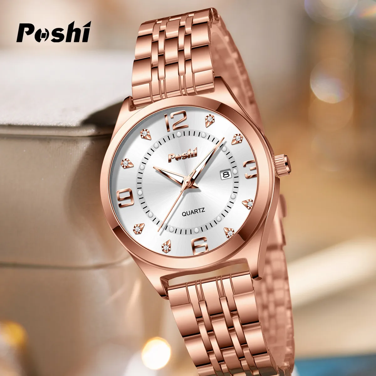 POSHI Women Watches Fashion Stainless Stain Steel Ladies Watch Waterproof Rose Gold Quartz Wristwatch Romatic Girlfriend Gift 5