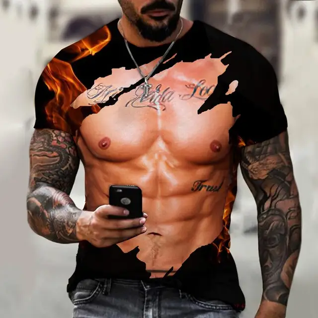 3d realista músculos no peito impresso t-shirts homens casual de fitness  manga curta algodão respirável