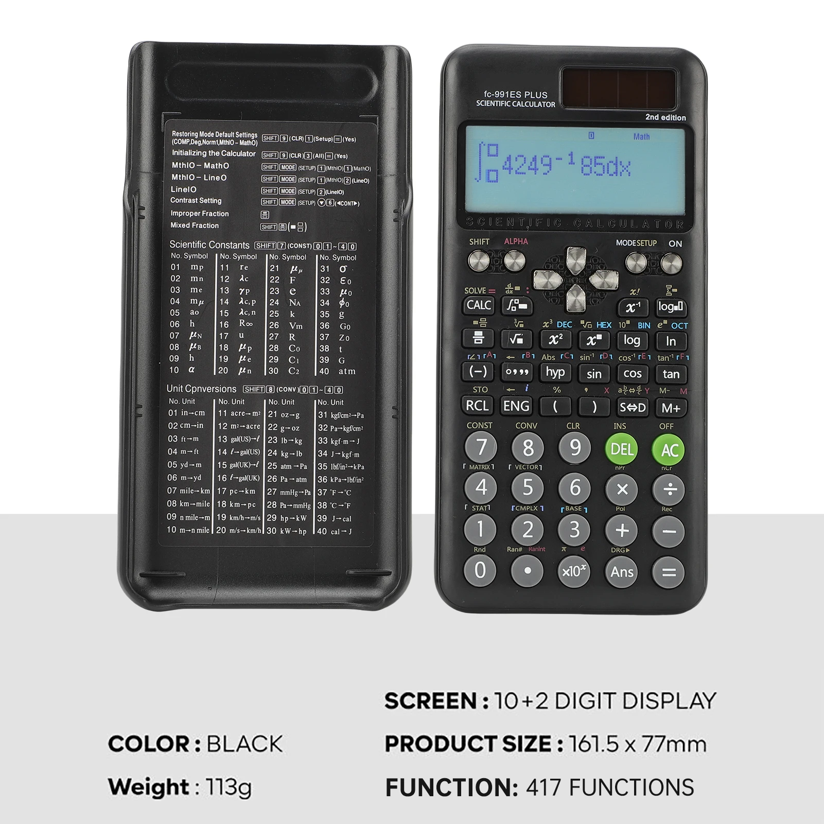 Scientific Calculators Math Calculator with 417 Function 10+2 Digits Display Dual Power Supply Ideal for Teachers College - 5