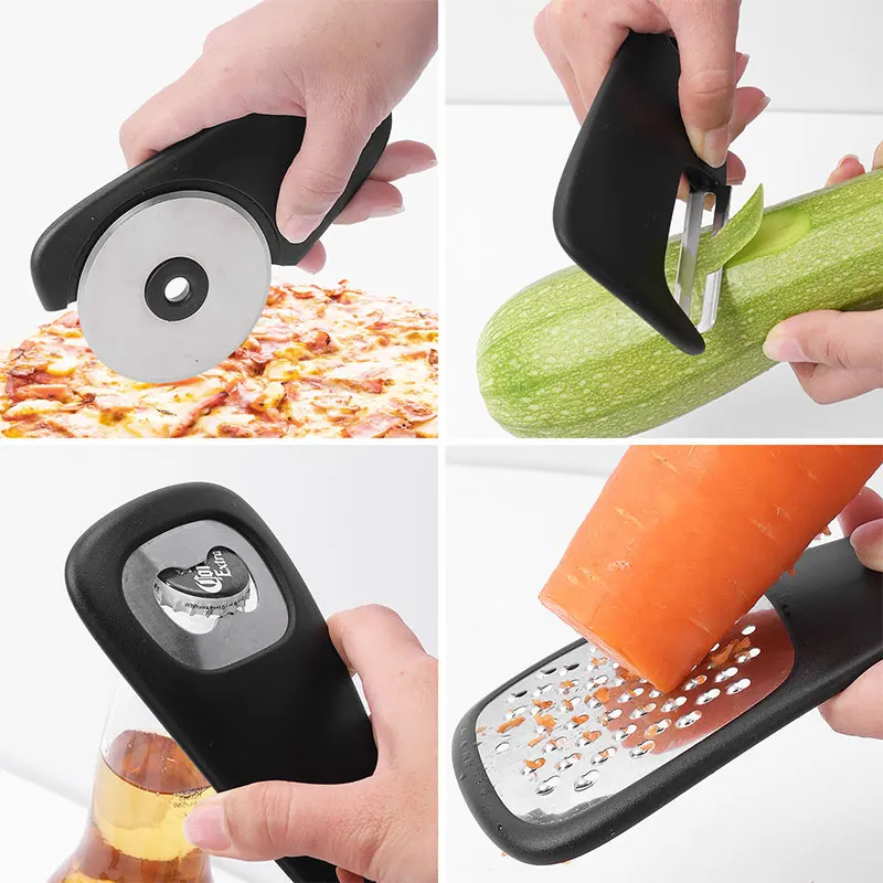 6 Pieces Kitchen Gadgets Set Space Saving Cooking Tools Cheese Grater Bottle Opener Vegetable Peeler Pizza Cutter Garlic Grinder - 6