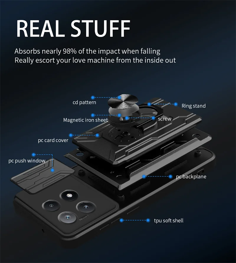 Slide Lens Protect Armor Phone Case with Card Slot & Bracket - Durable Back Cover