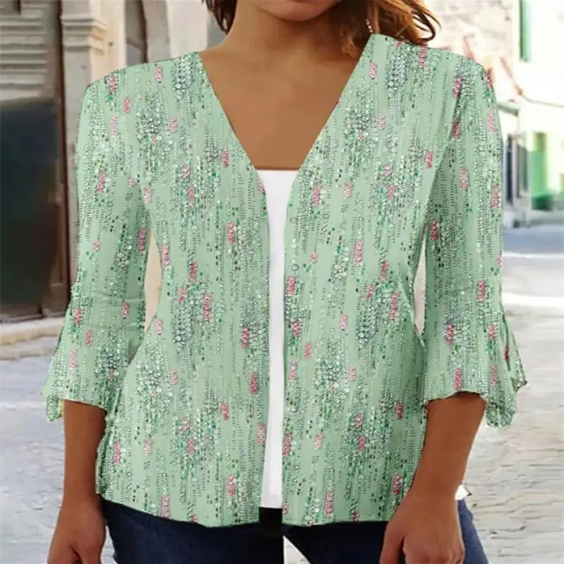 

Plus Size Women Graphic Printed Two-Pieced 3/4 Sleeve V-neck Tops