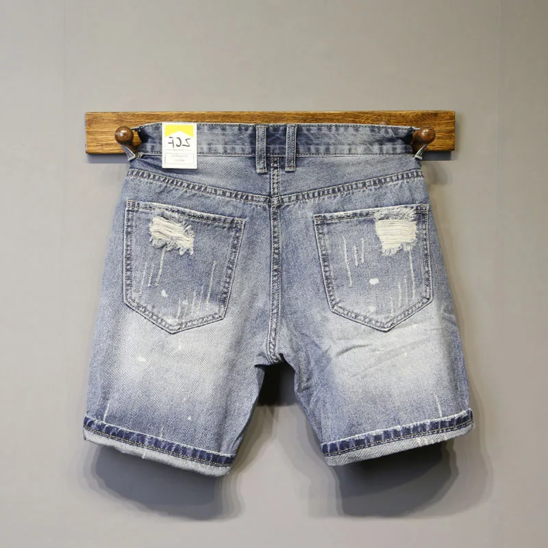 Summer Ripped Hole Shorts Men's Korean Straight Micro Elastic Patch Beggar Short Pants High-end Designer Handsome Jeans