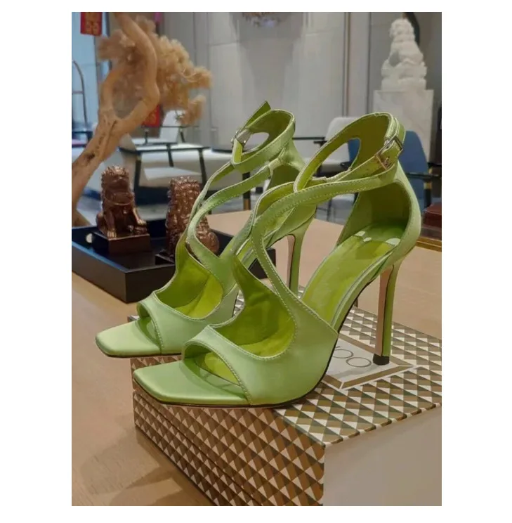 

2022 summer new brand designer square head fish mouth super high heel cross strap stiletto large size hollow sandals for women