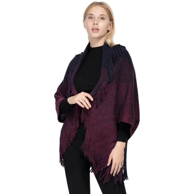 

Europe Spring Autumn Women's Imitation Cashmere Colored Silk Shawl New Warm Tassel Cloak Lady Fashion Cardigan Coat Navy