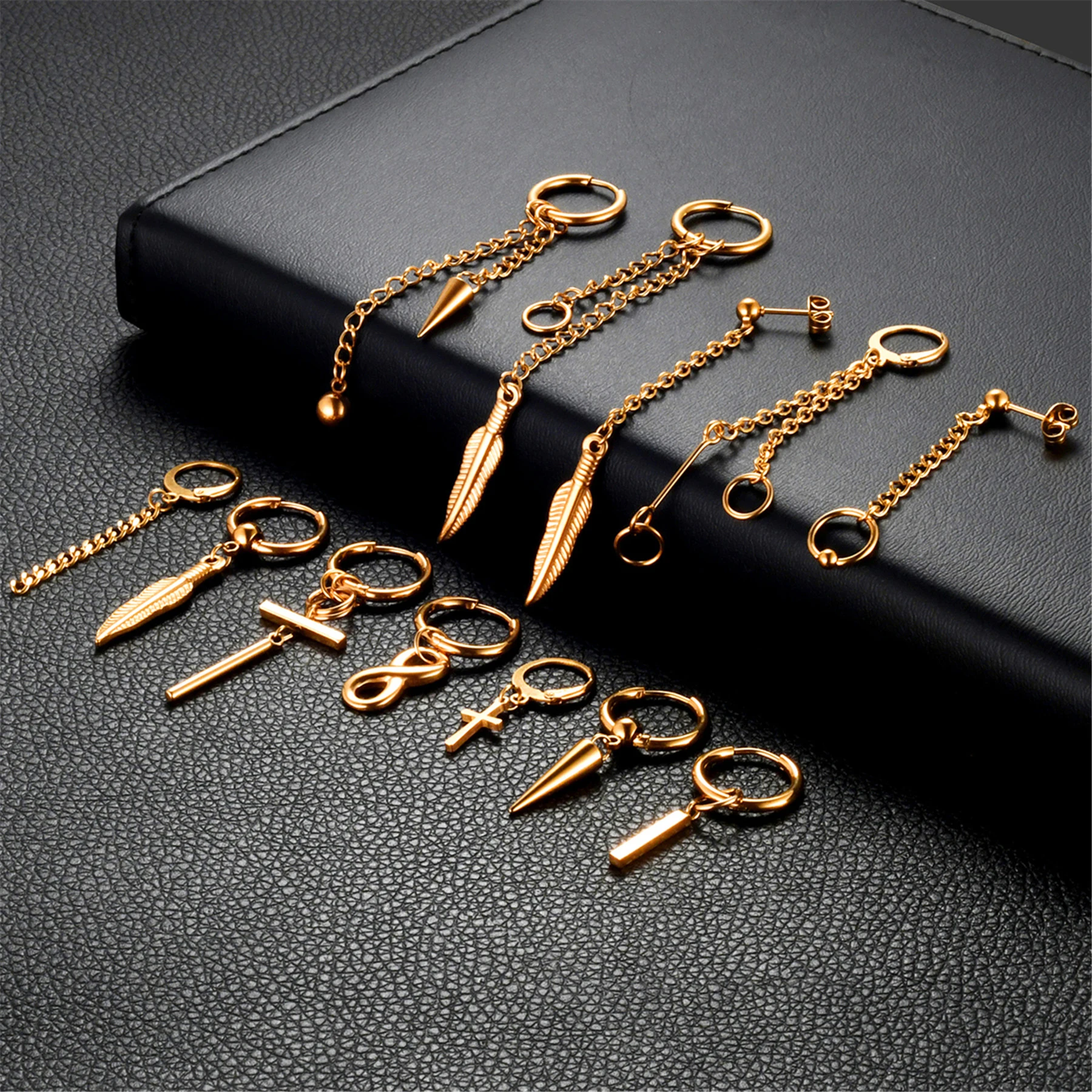 BONISKISS 12pairs Men Women Stainless Steel Cross Chain Feather Spike Rivet Ball Hoop Earrings Drop Dangle Huggied Ear Studs Set 6