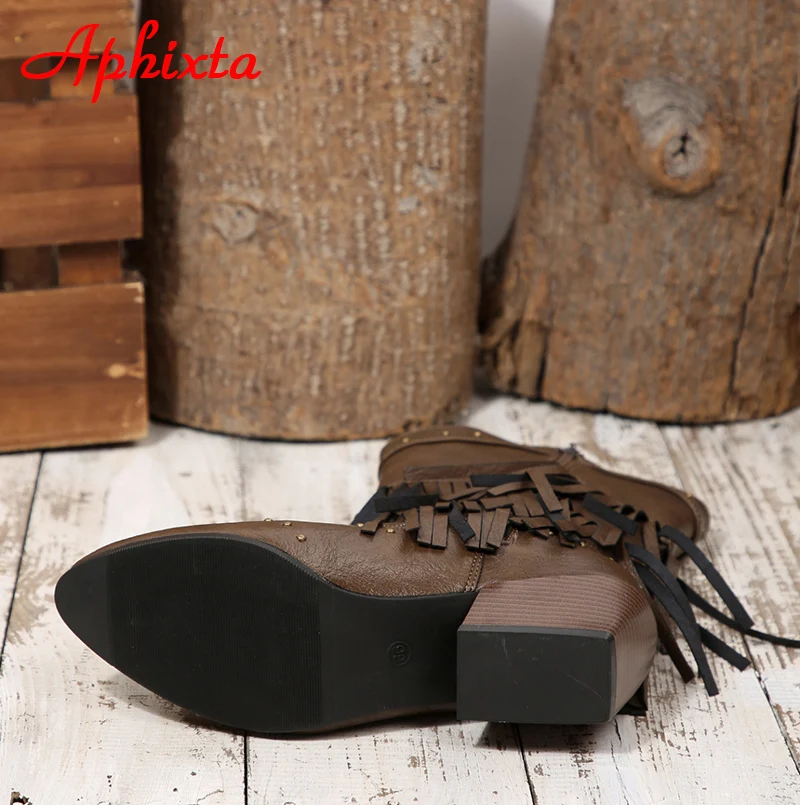 Aphixta Mid-Calf Boots 6cm Square Heel Tassel Design Back Zip Woman Shoes Rivets Fringe Pointed Toe Brown Big Size 43 Boot