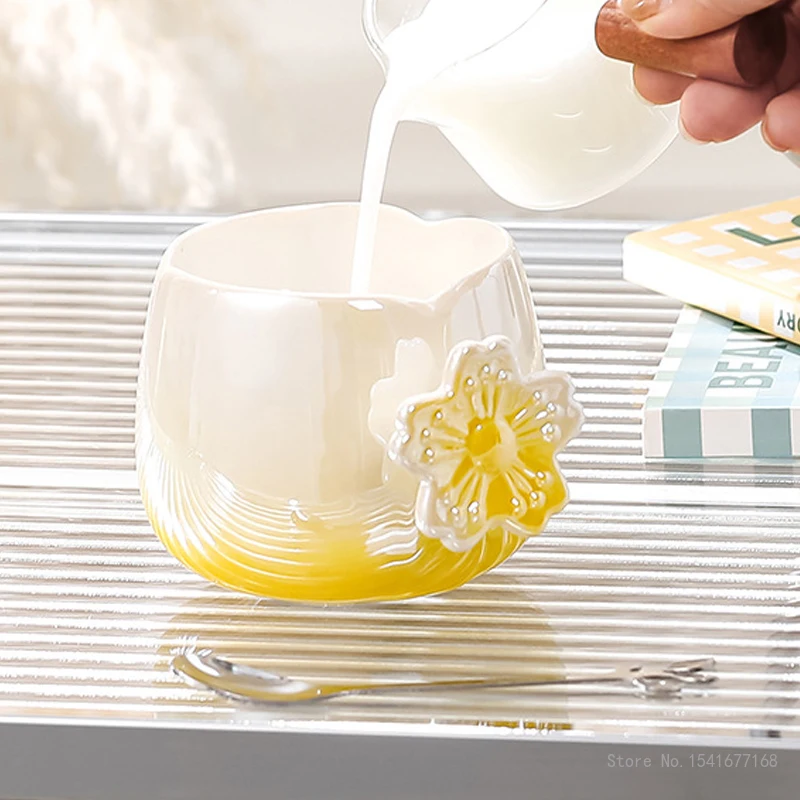 Creative Ceramic Gradient Pearl Glaze Flower Coffee Cup with Spoon Home Office Supplies High Beauty Breakfast Milk Water Mug 1Pc