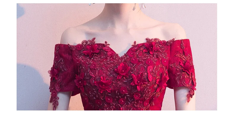 cheap prom dresses Elegant Off The Shoulder Wine Red High Low Prom Dresses For Graduation Party Lace Appliques Bridal Reception Dresses plus size prom & dance dresses