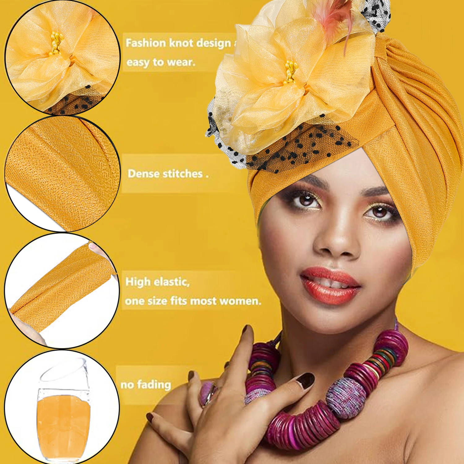 Ladies turbans pure color big flower mesh style accessible luxury wedding important occasions wear forehead cross fashion turban hatAfrican Zahra Cap 4