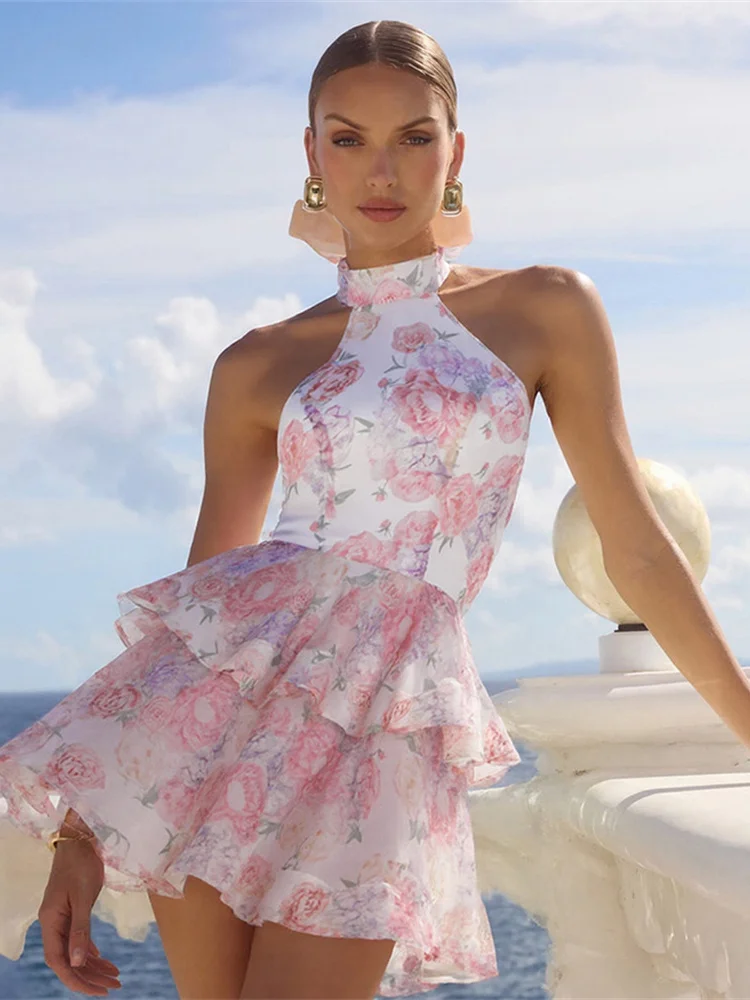 Nibber Ballet style Women Dress Sweet Backless Summer Sexy Romantic Double Hem Halter Elegant Birthday Banquet Party Y2K Bodycon