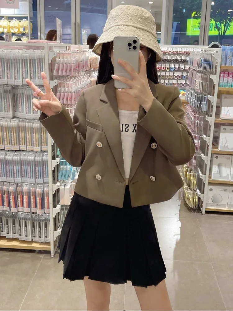 Korean Cropped Slim Blazer Jackets Solid Color Double Breasted Suit Coats Casual Office Zevity Overcoat Spring Elegant Chaquetas