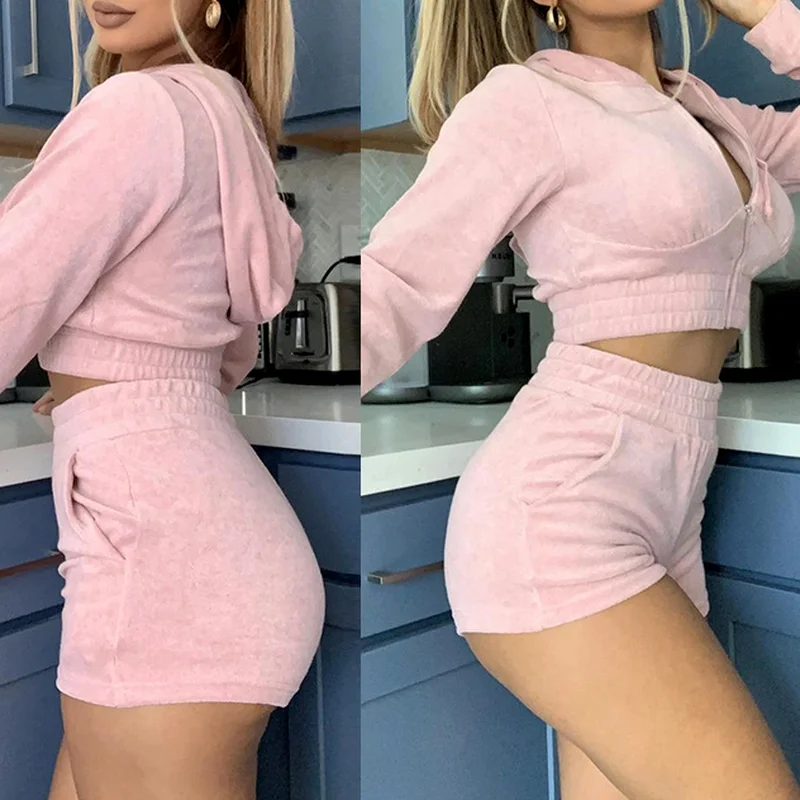 2023 New Velvet Ladies Two-piece Sweater Hooded Long-sleeved Zipper Jacket Slim Fit Shorts Ladies Autumn and Winter Suits Ladies