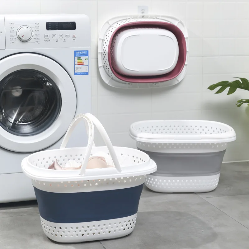 

Folding Dirty Clothes Basket Household Can Be Hung on The Wall Dirty Clothes Storage Basket Bathroom Plastic Laundry Blue Bins