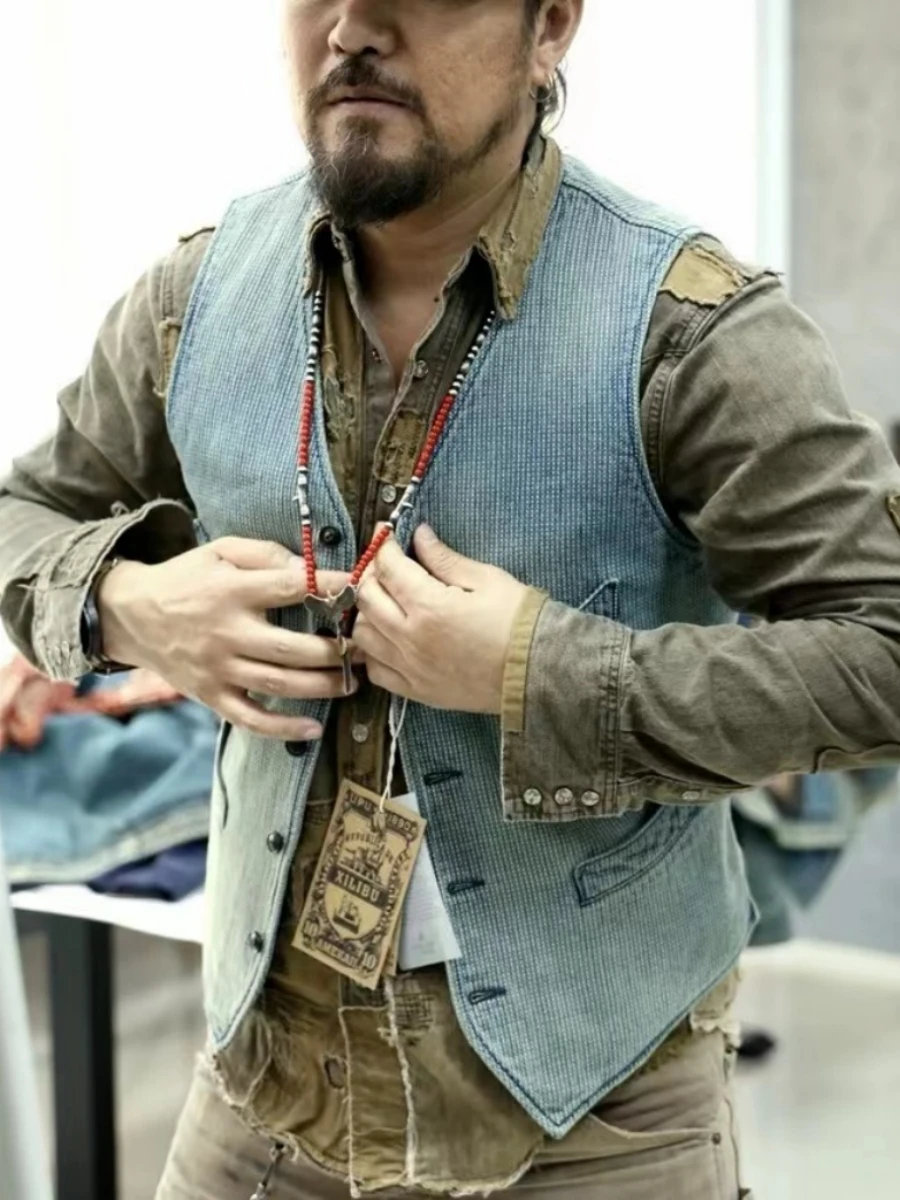 Men's Washed Blue Sashiko Vest V-neck 4-Pockets Elegant Style Vintage Waistcoat 3