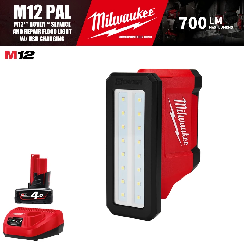 

Milwaukee M12 PAL/2367 Kit M12™ ROVER™ Service and Repair Flood Light w/ USB Charging 700LM Flashlights With Battery Charger