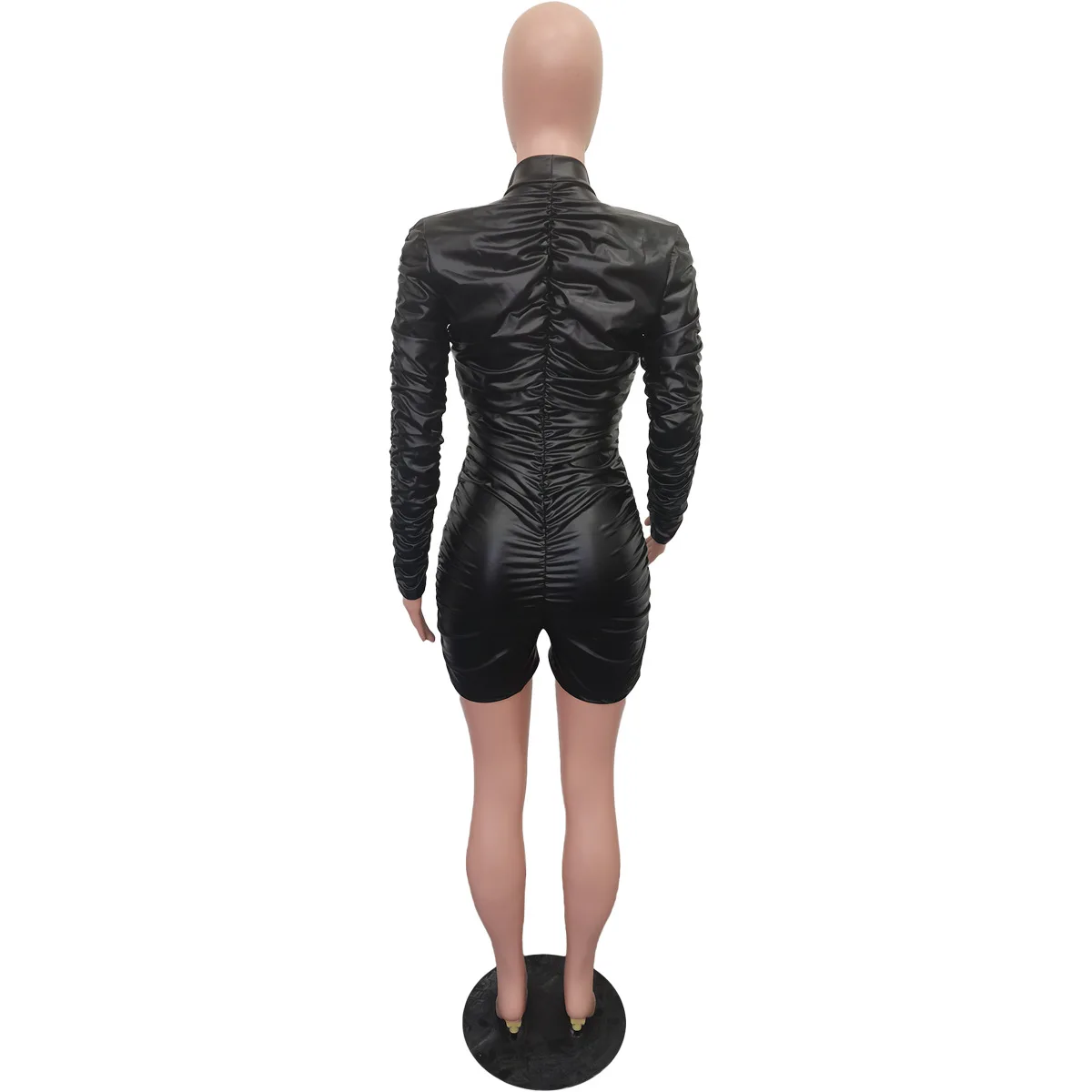 Sexy Deep V Neck Leather Women's Rompers Solid Folds High Strecth PU Playsuits Female Nightclub Party Skinny One Piece Shorts