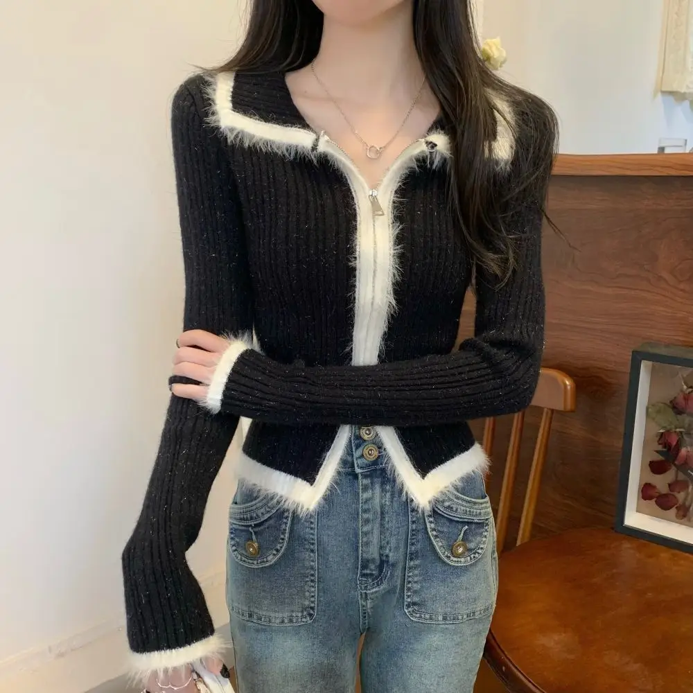 Color Blocking Patchwork Woolen Gestrickte Basis Pullover für Frauen Retro Stil Revers Slim Fit Pullover Jacke Kurze Strickjacke Top – Detail 26