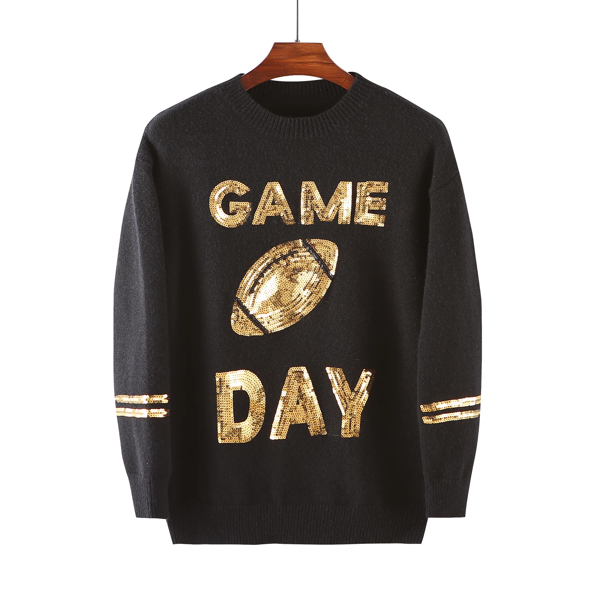 

Woman Clothing Black and Gold Pullovers Game Day Sequins Sweater Women