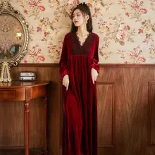 Women Winter Warm Vintage Nightgowns Long Ankle Length Velvet Night Dress Princess Lace V-Neck Thicken Plus Size Sleepwear 2022