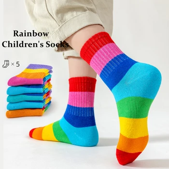 5 Pairs/Lot Children's Rainbow Socks Spring Autumn Coft Cotton Cute 7 Color Rainbow Stripes Boys Girls Sports Tube Socks to 1-12