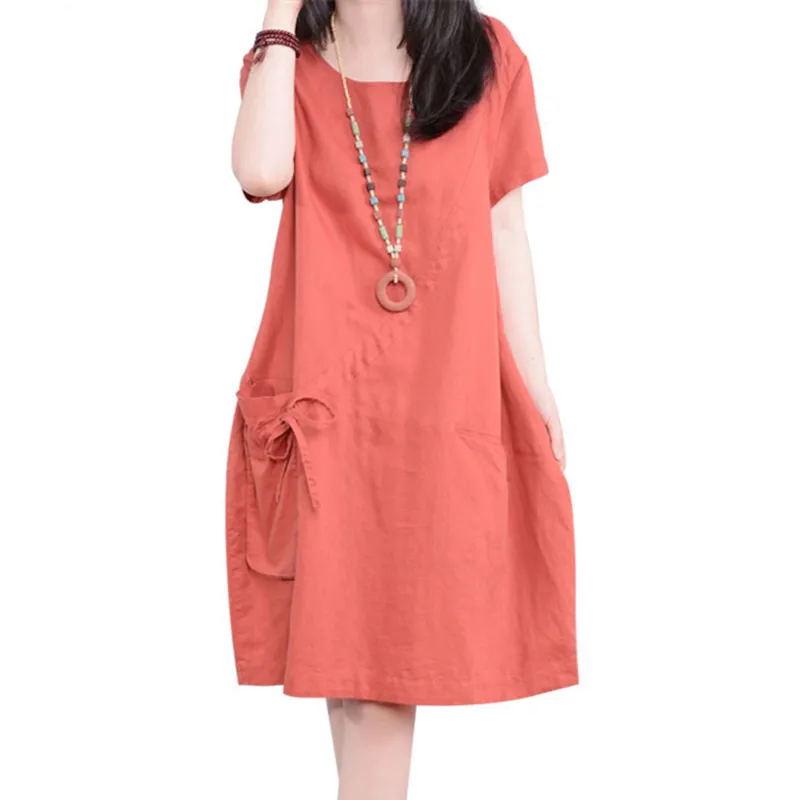 

Short Sleeve Loose Summer Dress Soft Cotton Linen Pockets Bandage Holiday Beach Casual Dress Women Vintage Dress