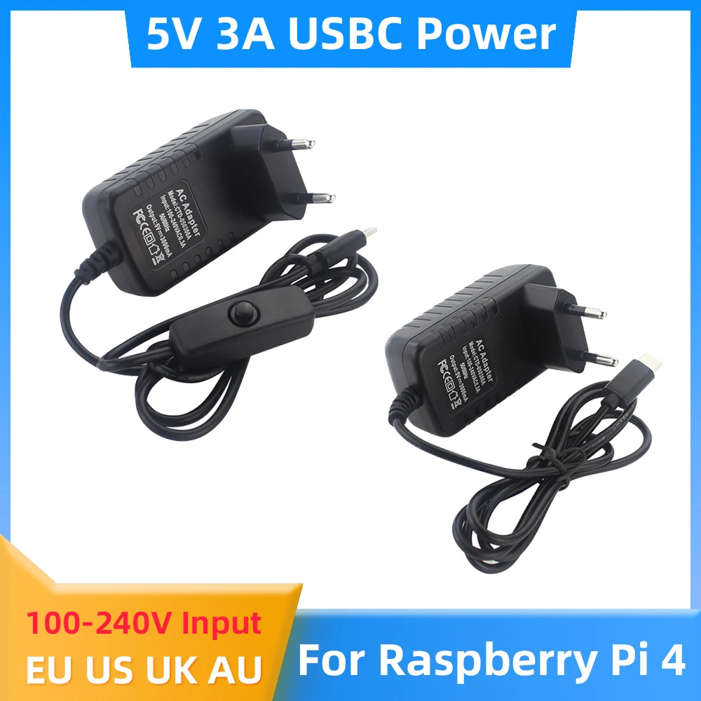 Adaptador de Energia para Raspberry pi Fonte de Alimentação ue Eua Reino Unido Plugue au tipo c Interruptor 5v 3a Orange pi Lts pi 4b
